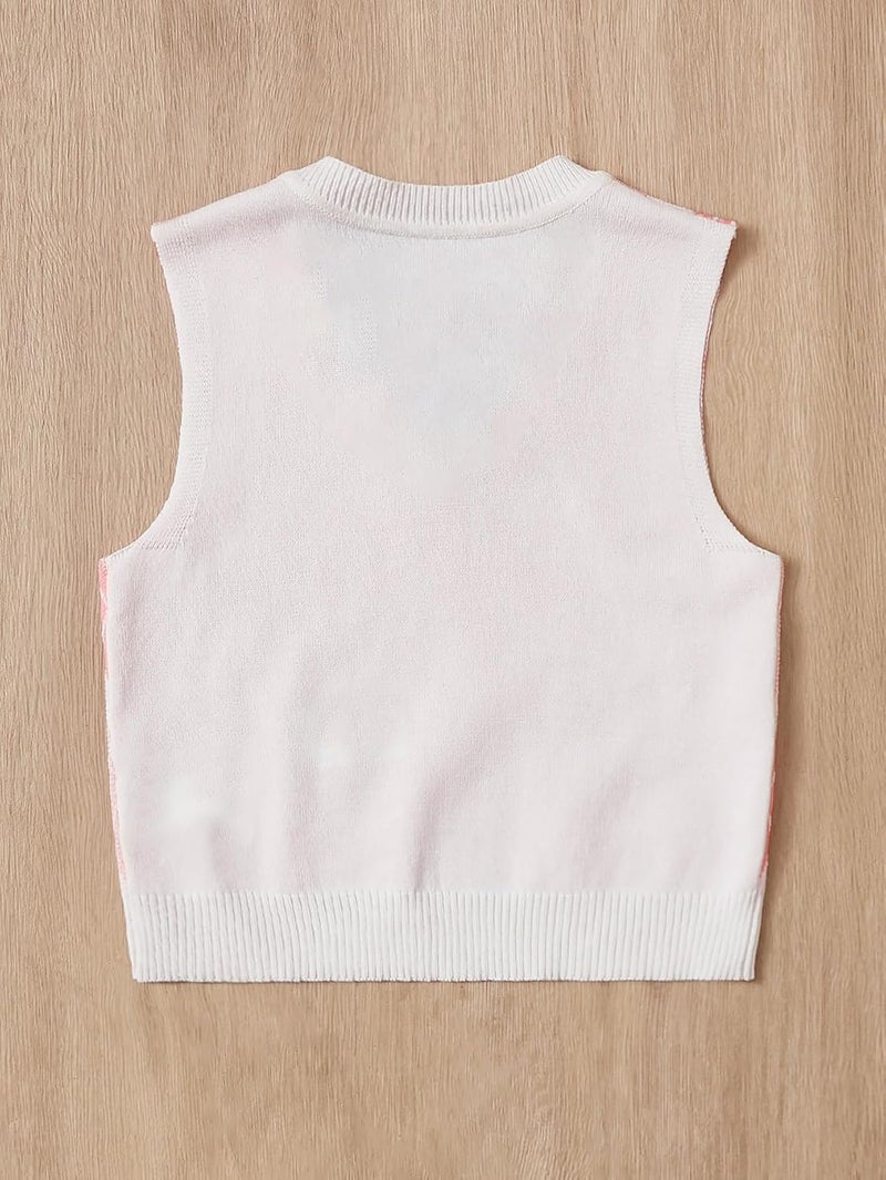OYOANGLE Girl's Argyle Plaid V Neck Sweater Vest Sleeveless Preppy Casual Pullover Knitted Tank Tops - Image 2